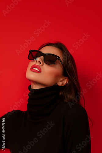  Chic woman in black sunglasses and turtleneck poses elegantly against a bold red background