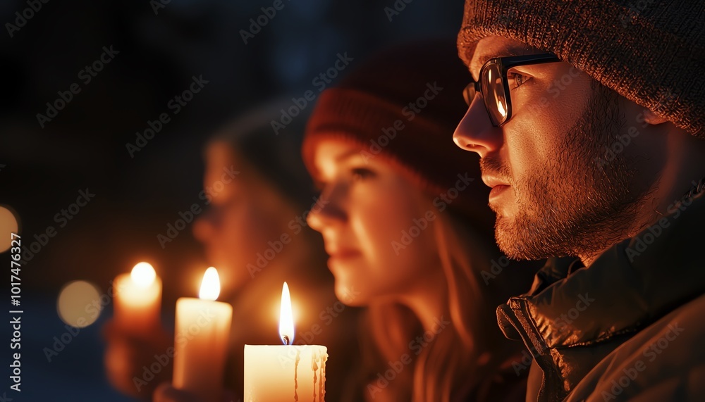 Three individuals holding candles in a serene evening setting, illuminated by soft candlelight. Three individuals holding candles in a serene evening setting, illuminated by soft candlelight.