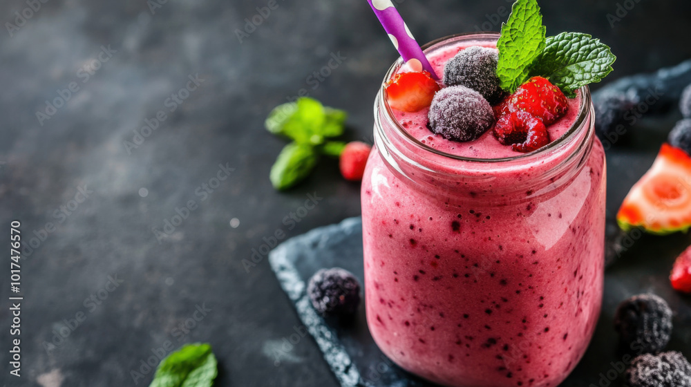 A refreshing summer smoothie served in a mason jar with fresh berries and a mint garnish A refreshing summer smoothie served in a mason jar with fresh berries and a mint garnish