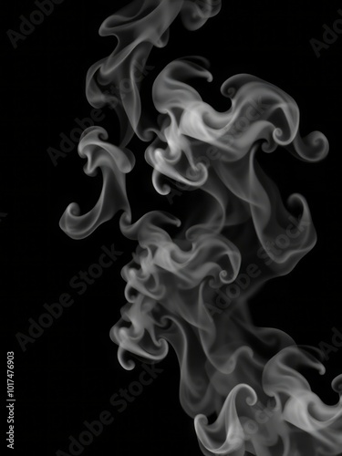 Ethereal smoke tendrils, black and white photography, high contrast, abstract patterns, swirling vapor, dark background, mystical atmosphere, wispy curves, monochromatic art, dynamic movement, smoky t