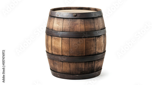 Rustic Oak Barrel Isolated on White Background Vintage Wooden Container for Liquor Wine or Beer Storage