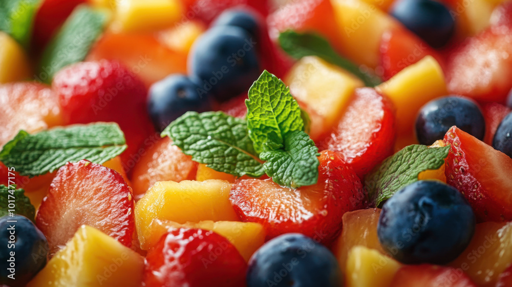 Close-up of a delicious summer fruit salad with vibrant colors and fresh mint leaves Close-up of a delicious summer fruit salad with vibrant colors and fresh mint leaves