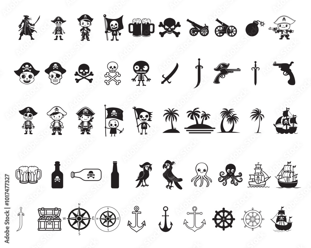 Fototapeta premium Collection of Pirate Clipart Design - Pirate Vector illustration in black and white
