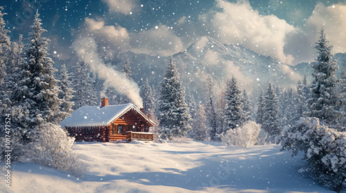 Snow-covered landscape with a cozy cabin, smoke rising from the chimney, and pine trees