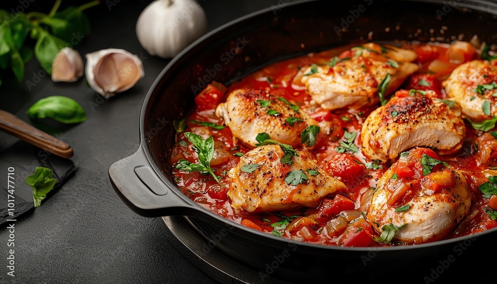 Delicious chicken with tomatoes, garlic, and herbs simmering in a pan, ready to serve.