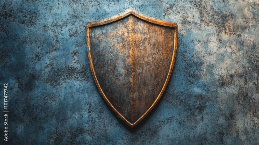 Fototapeta premium Retro shield symbol with a weathered finish on wall. vintage protection concept
