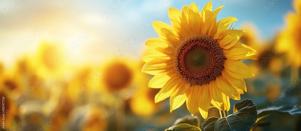 Obraz premium A close-up of a bright yellow sunflower in a field, facing the sun.