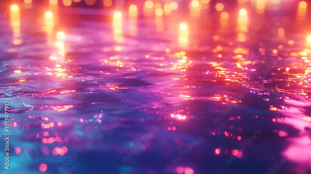 Naklejka premium A vibrant, colorful reflection on water, illuminated by soft, glowing lights creating a mesmerizing atmosphere.