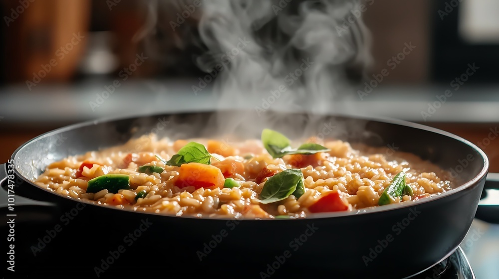 A steaming pot of delicious risotto with vegetables, illustrating culinary artistry in a modern kitchen setting. A steaming pot of delicious risotto with vegetables, illustrating culinary artistry in a modern kitchen setting.