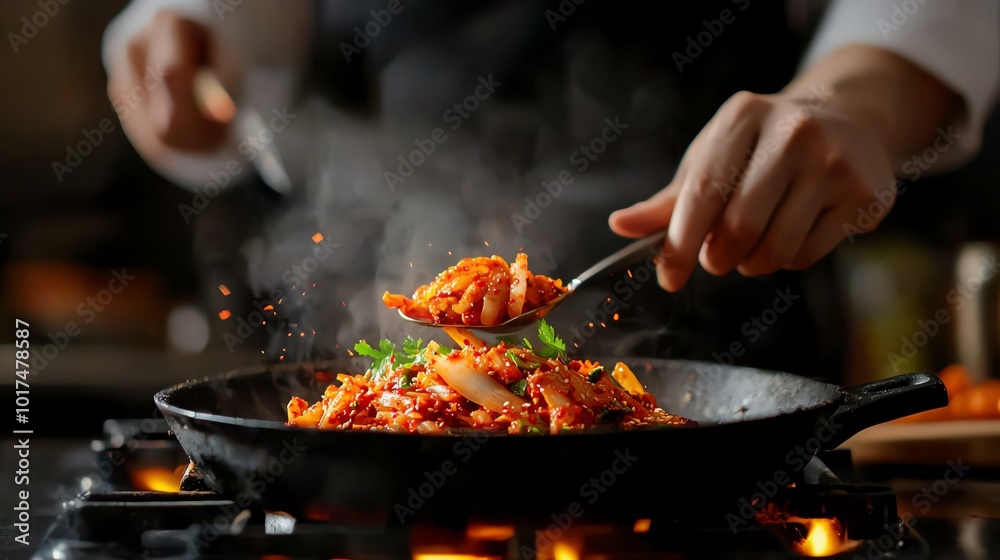 A chef preparing a delicious dish in a hot skillet, with steam rising and vibrant ingredients showcasing culinary art. A chef preparing a delicious dish in a hot skillet, with steam rising and vibrant ingredients showcasing culinary art.