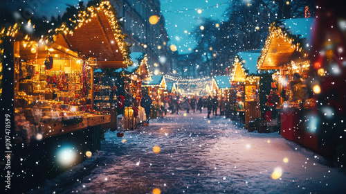 Winter market with festive holiday stalls, twinkling lights, and snowflakes gently falling