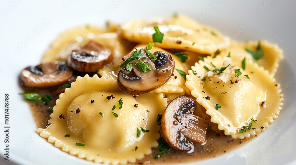 Delicious ravioli pasta filled with mushrooms, garnished with herbs in a creamy sauce. Perfect for a comforting meal. Delicious ravioli pasta filled with mushrooms, garnished with herbs in a creamy sauce. Perfect for a comforting meal.