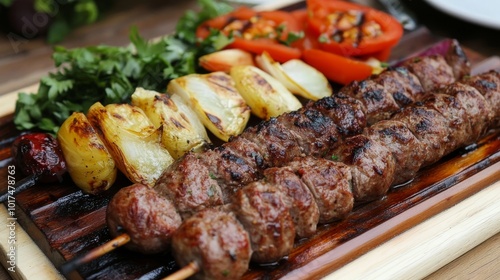 Grilled meat and veggies on skewers