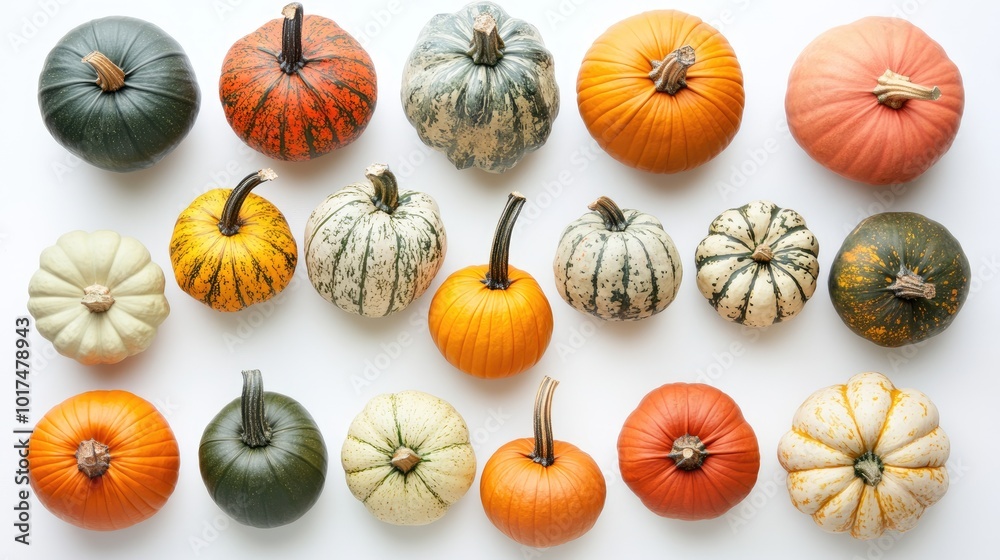 Variety of pumpkins arranged on white backdrop Variety of pumpkins arranged on white backdrop
