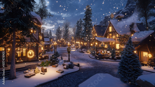 A snowy village square with charming, lit-up houses and holiday decorations