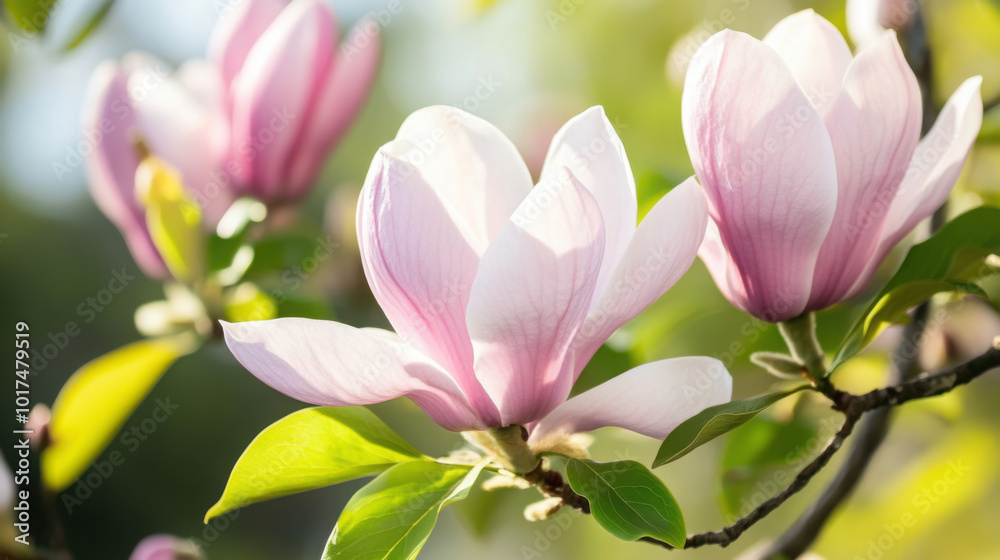 A close-up of a blooming magnolia tree with large, soft petals and fresh green leaves A close-up of a blooming magnolia tree with large, soft petals and fresh green leaves