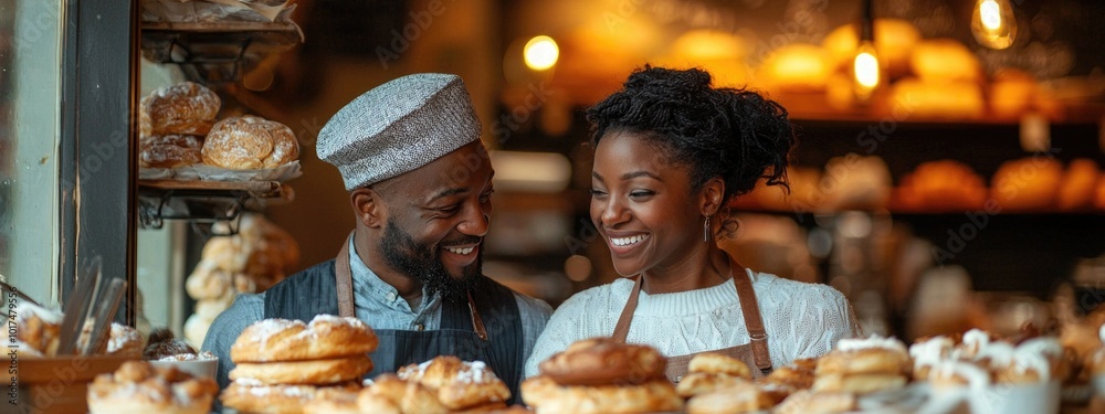 Joyful couple enjoying their bakery together Joyful couple enjoying their bakery together