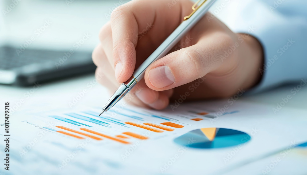 Closeup of a Hand Holding a Pen Over a Business Graph Closeup of a Hand Holding a Pen Over a Business Graph