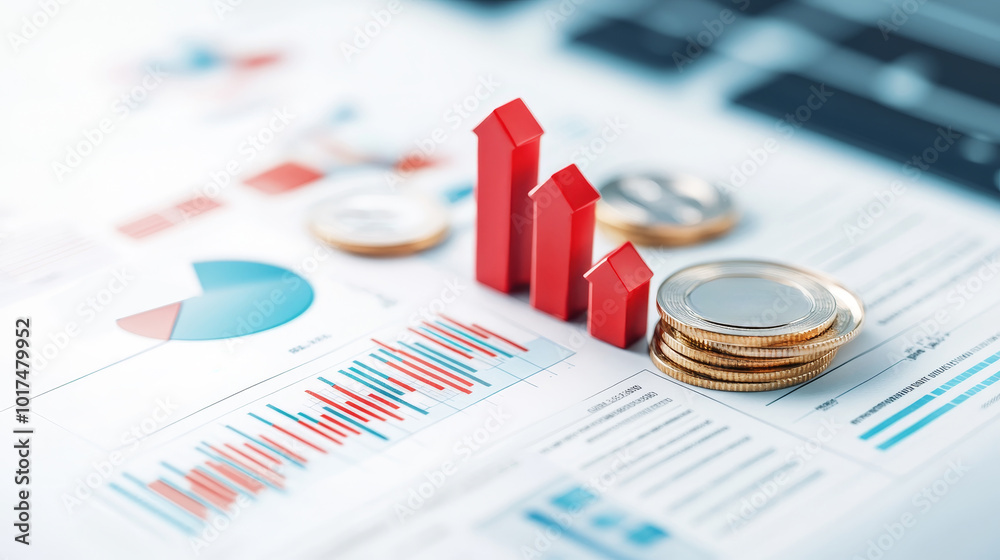 Fototapeta premium Red Arrows Rising Above Financial Charts and Coins