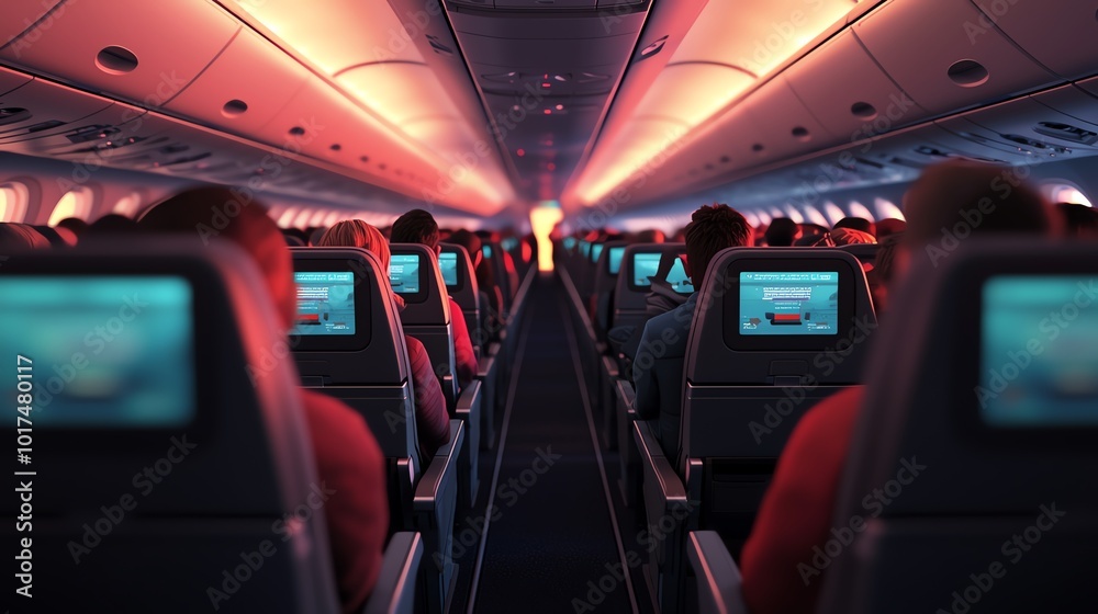 Interior of an airplane cabin with rows of seats and passengers enjoying their flight experience. Interior of an airplane cabin with rows of seats and passengers enjoying their flight experience.