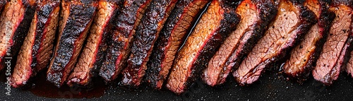 Deliciously grilled beef brisket slices on a dark background, showcasing juicy texture and smoky flavor.