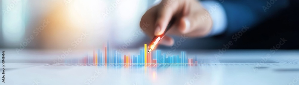 Businessman analyzing financial data with a pen on bar chart Businessman analyzing financial data with a pen on bar chart