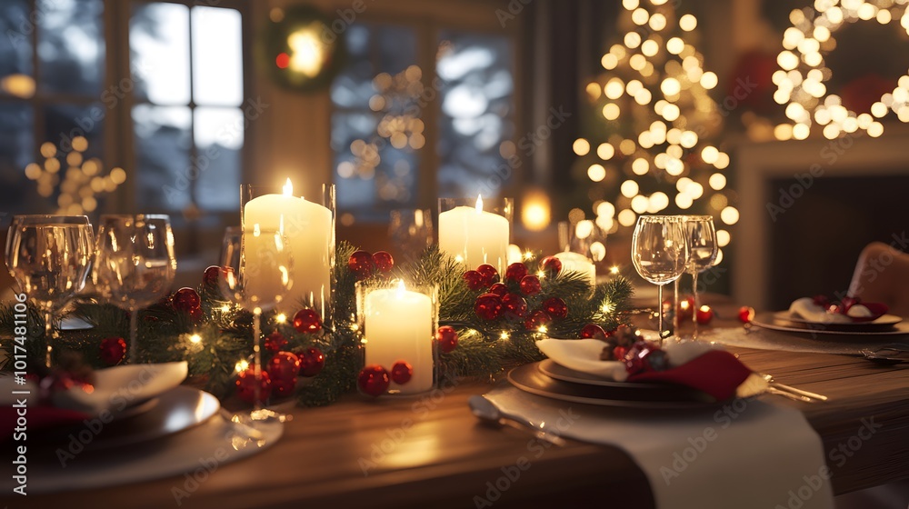 Festive Christmas Table Setting with Candles, Ornaments, and Wine Glasses Festive Christmas Table Setting with Candles, Ornaments, and Wine Glasses