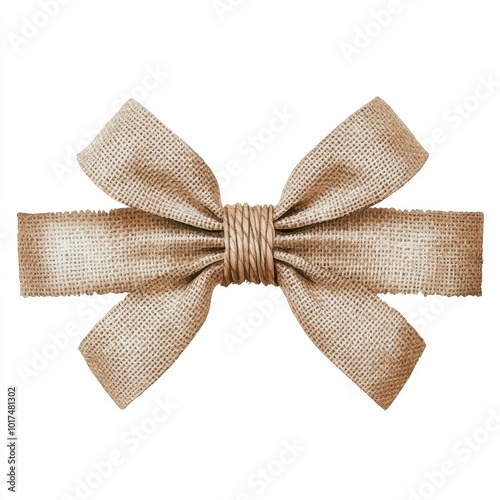 a rustic Christmas bow clipart, burlap texture element, watercolor illustration, tied with twine, isolated on white background