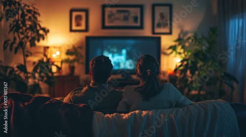 Late-night movie watching, with a couple seated on the couch, back view, creating a relaxed and cozy home entertainment setup