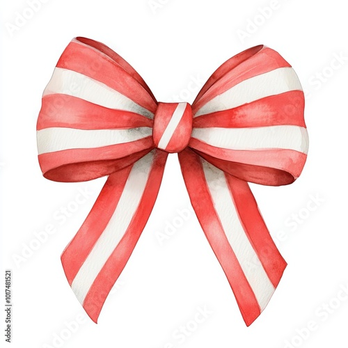 a whimsical Christmas bow clipart, candy cane stripe, watercolor illustration, red and white, isolated on white background