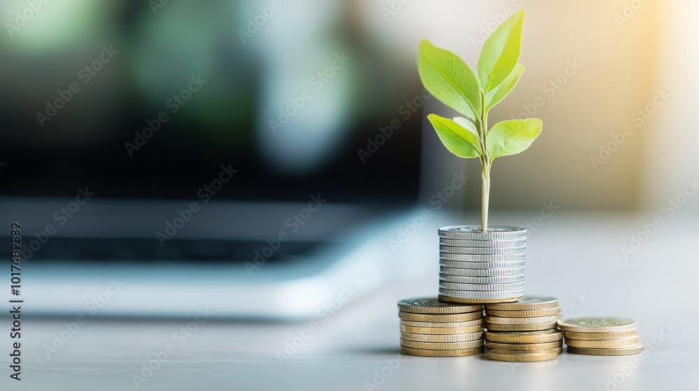 Green Plant Growing Out Of Stack Of Coins Green Plant Growing Out Of Stack Of Coins