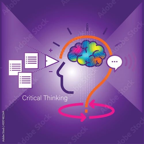 Critical thinking concept vector illustration, featuring colorful brain, 360degree arrow, documents and speech bubble for information analysis, all representing creativity, logic and decision making.