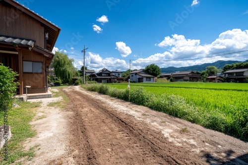 Realistic image of a small rural neighborhood with wooden houses, dirt roads, and a sense of quiet, community living in harmony with nature