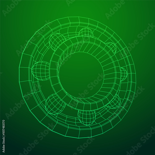 Roller bearing. Circular round rotating bearings used in industry for heavy equipment mechanical work and engineering. Wireframe low poly mesh vector illustration.