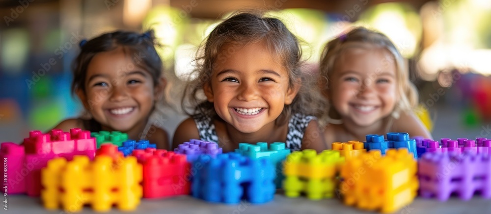 Fototapeta premium Three young girls smiling while playing with colorful building blocks.