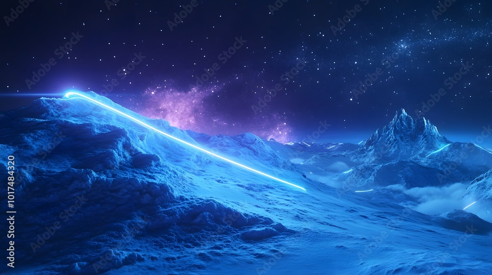 A Blue Neon Line Across Snowy Mountain Peaks Under a Starry Night Sky A Blue Neon Line Across Snowy Mountain Peaks Under a Starry Night Sky