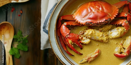 a bowl of crab curry with a wooden spoon photo