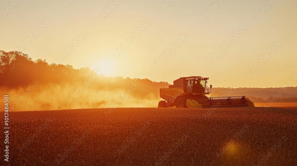 Fototapeta premium Red combine harvester working in a soybean field at sunset, the sun casting a golden glow over the autumn landscape, symbolizing agricultural harvest