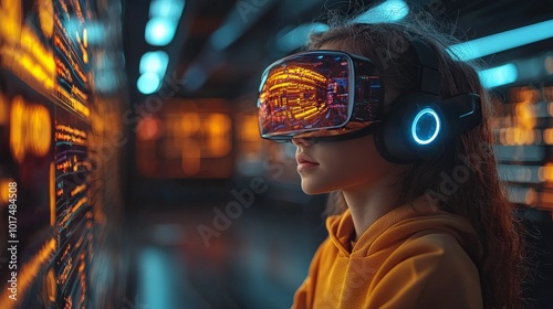 A child wearing a virtual reality headset, immersed in a digital environment.