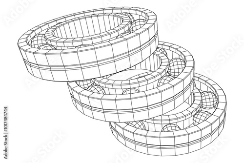 Roller bearing. Circular round rotating bearings used in industry for heavy equipment mechanical work and engineering. Wireframe low poly mesh vector illustration.