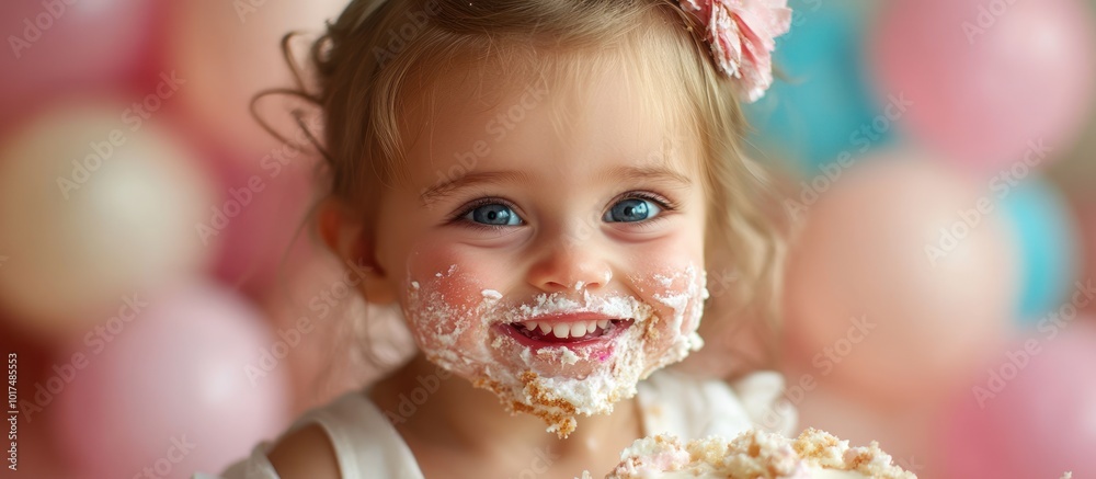 Happy little girl with frosting on her face, celebrating birthday with cake.