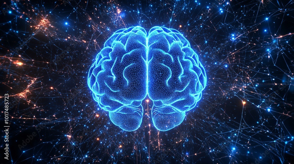 Fototapeta premium A vibrant, glowing representation of a brain surrounded by a network of stars and light, symbolizing creativity and intelligence.