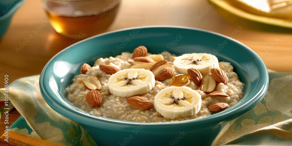 a bowl of oats with bananas and almonds a bowl of oats with bananas and almonds