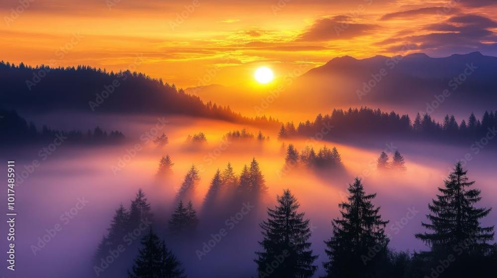 Stunning sunrise over a foggy mountain landscape with forest silhouettes in the background, creating a peaceful and serene atmosphere Stunning sunrise over a foggy mountain landscape with forest silhouettes in the background, creating a peaceful and serene atmosphere