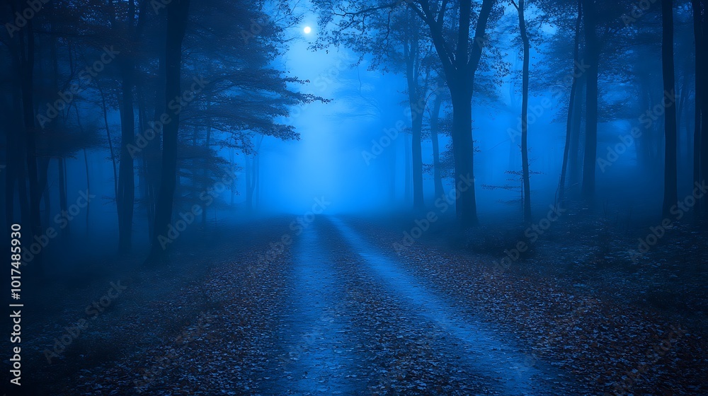 Fototapeta premium A dirt road winds through a misty forest under a full moon.