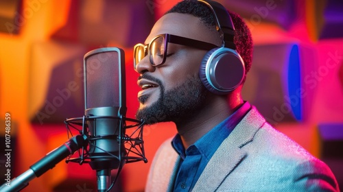 Businessman wearing stylish headphones speaking into a microphone in a soundproof studio with colorful lighting and a laptop in front of him photo