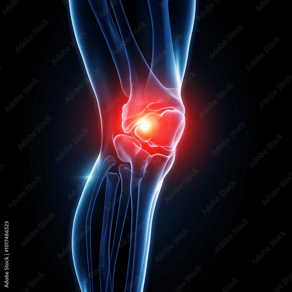 Detailed illustration of a human knee joint, highlighting pain or injury in the area with glowing effects. Ideal for medical and educational purposes.