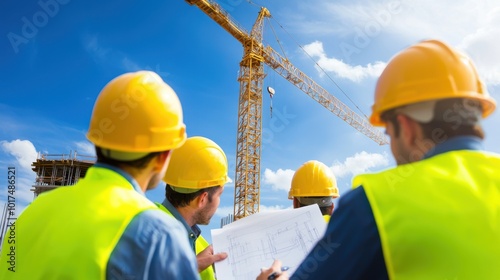 Industrial construction site with workers and managers reviewing blueprints outdoors machinery and safety helmets visible in a wide-angle shot