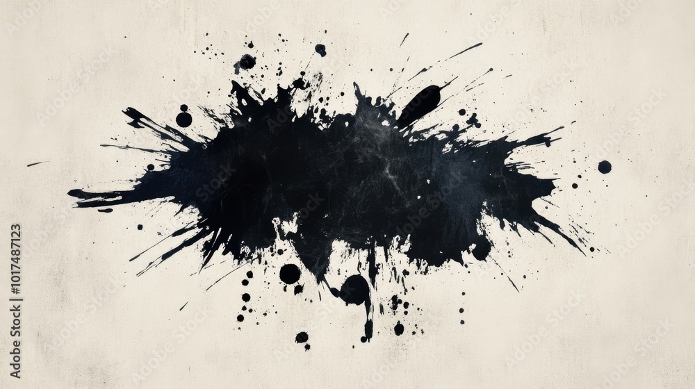 Obraz premium Watercolor paint stain with black splashes on a textured background, featuring brushstrokes and abstract shapes for artistic expression
