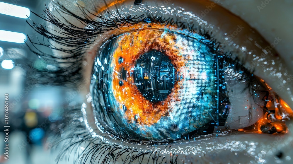 A close-up of a futuristic eye with a vibrant, digital cityscape reflected in it. A close-up of a futuristic eye with a vibrant, digital cityscape reflected in it.